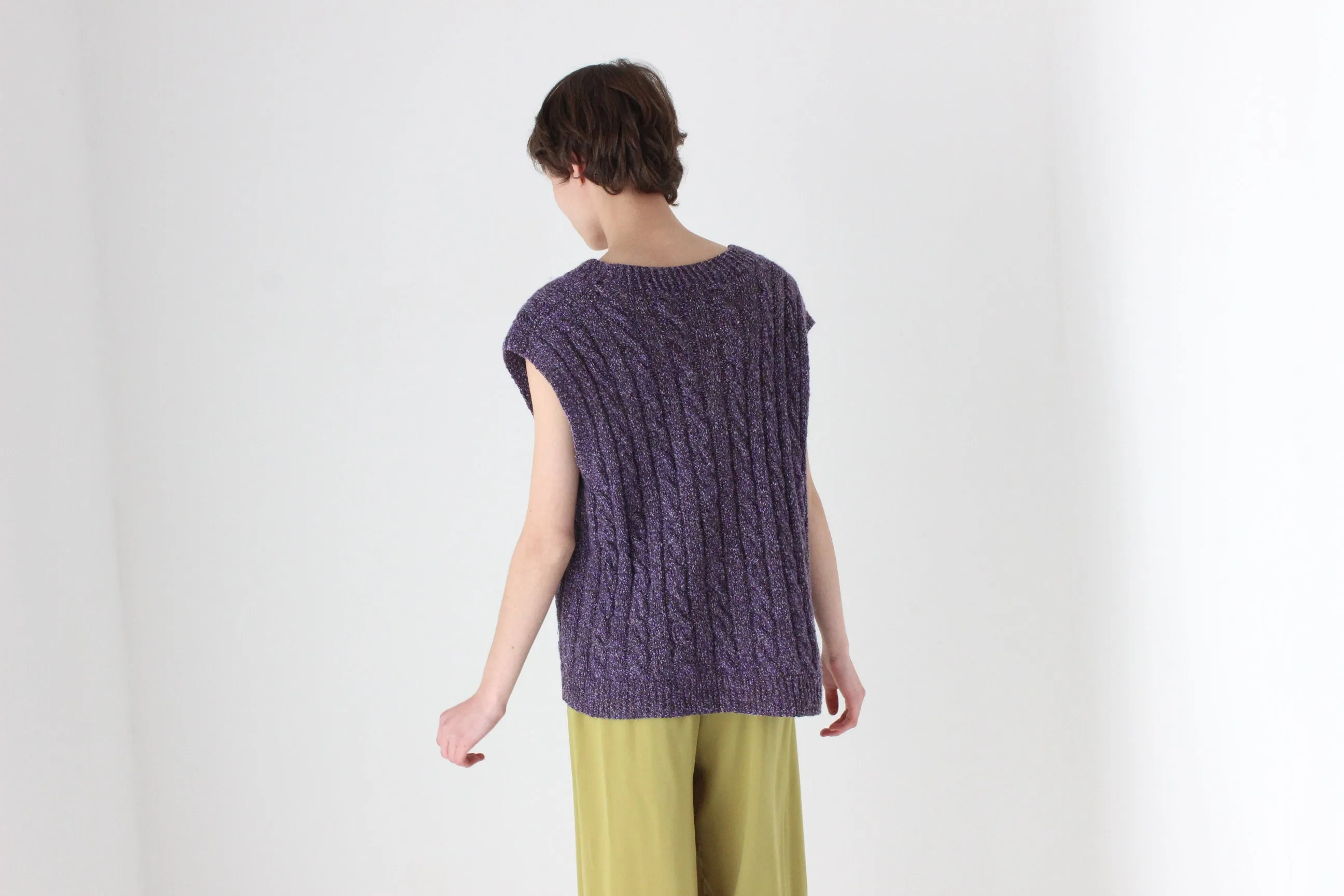 80s Hand Knit Speckled Purple Loose V Neck Sweater Vest