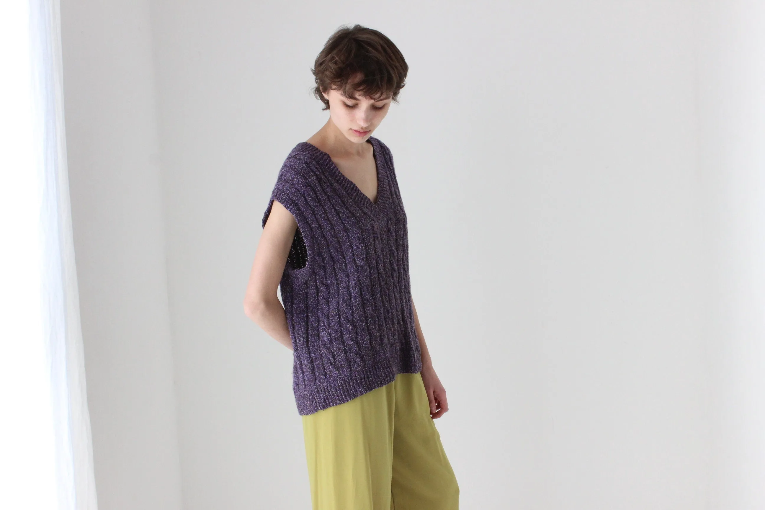 80s Hand Knit Speckled Purple Loose V Neck Sweater Vest