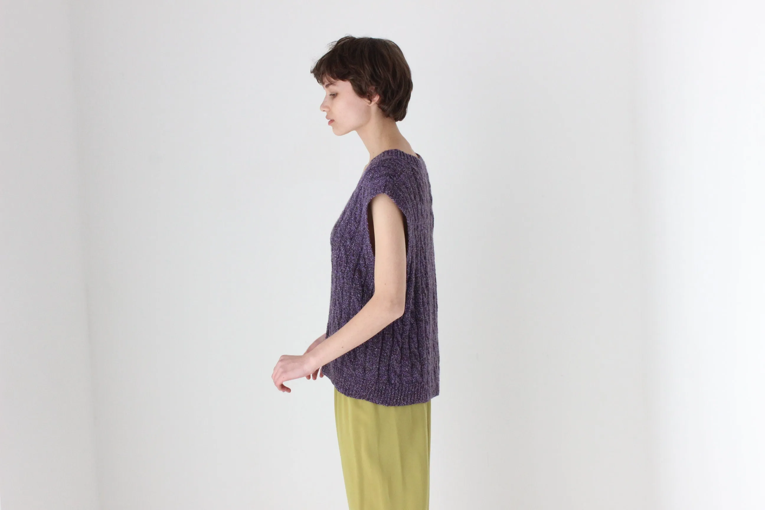 80s Hand Knit Speckled Purple Loose V Neck Sweater Vest