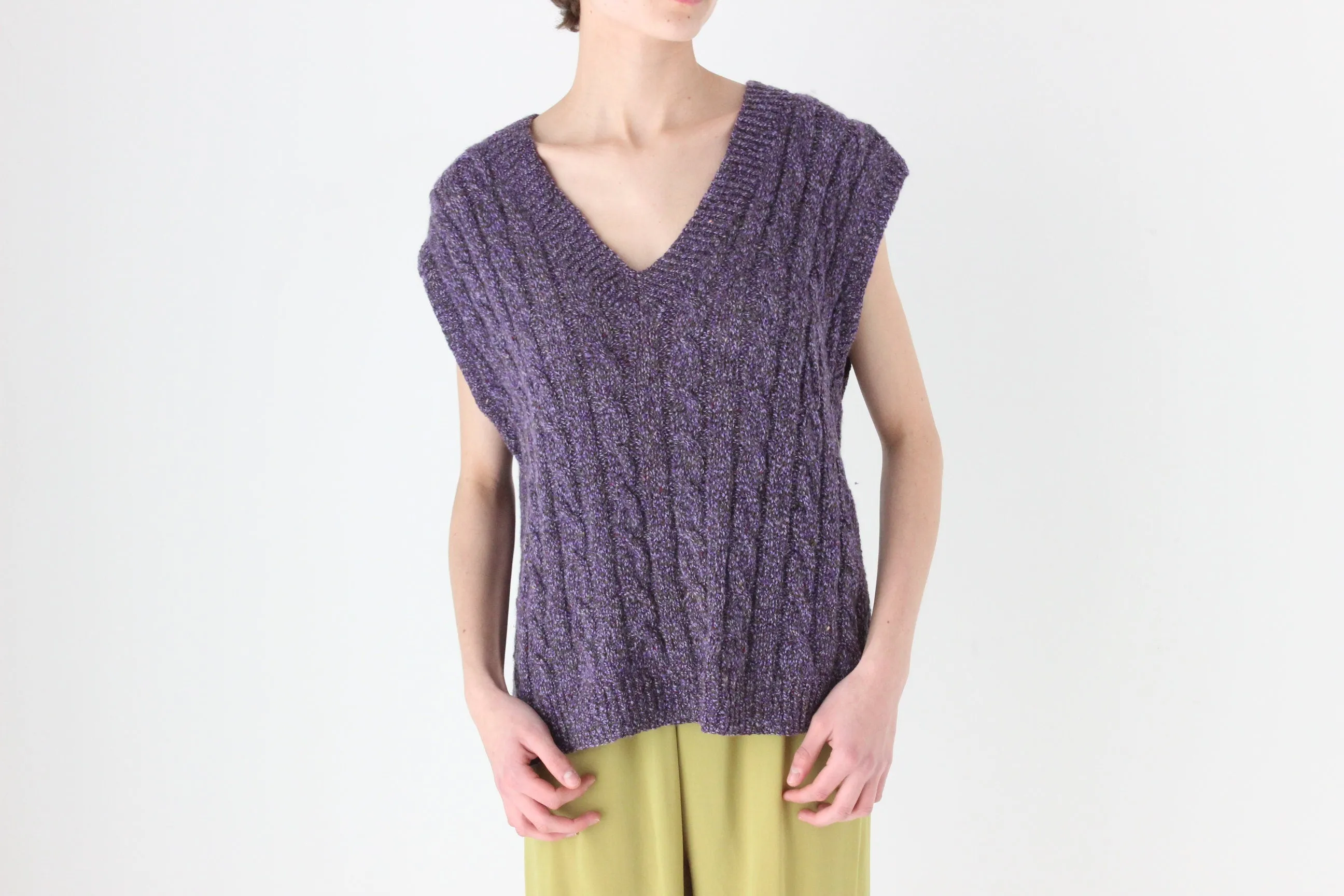 80s Hand Knit Speckled Purple Loose V Neck Sweater Vest