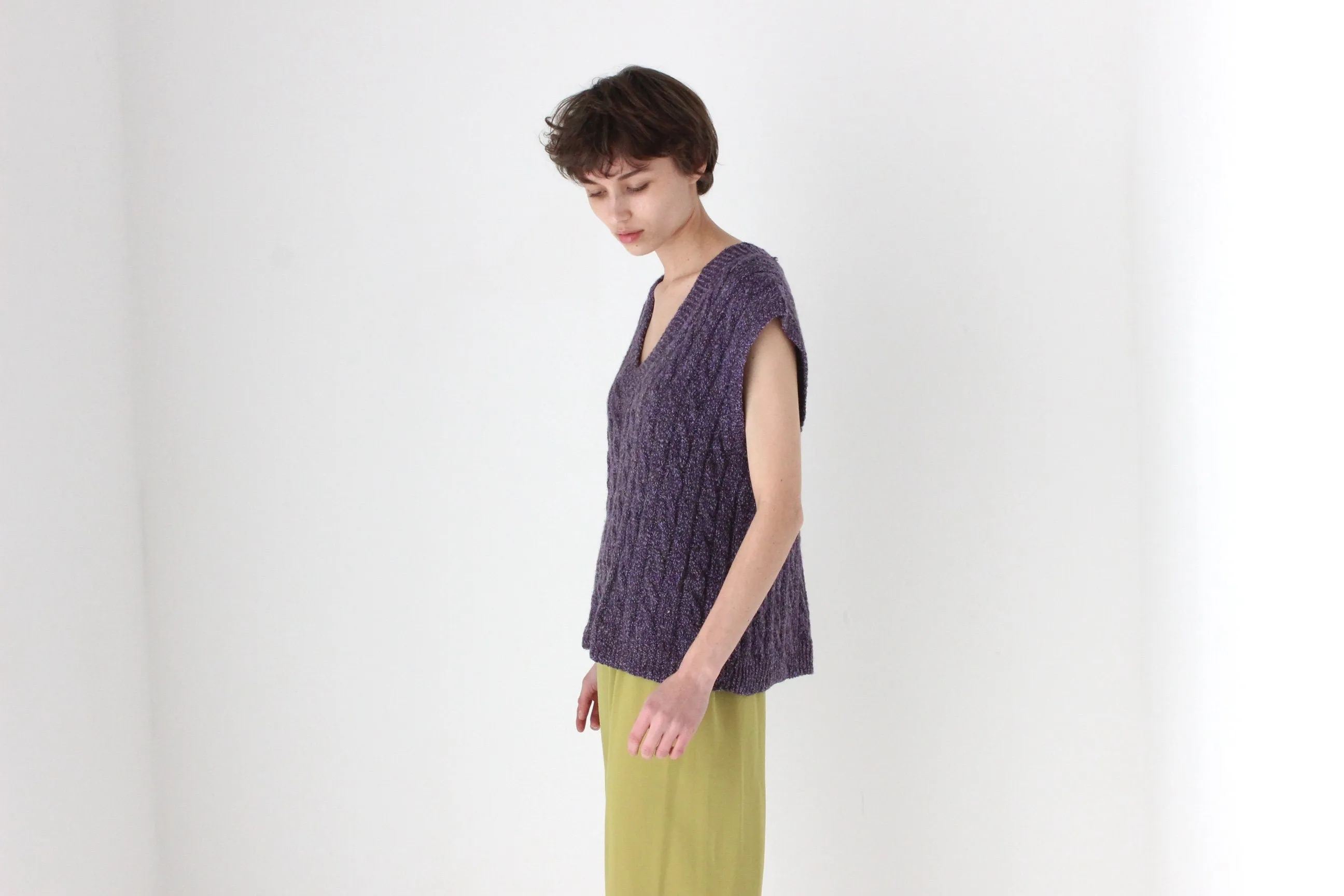 80s Hand Knit Speckled Purple Loose V Neck Sweater Vest