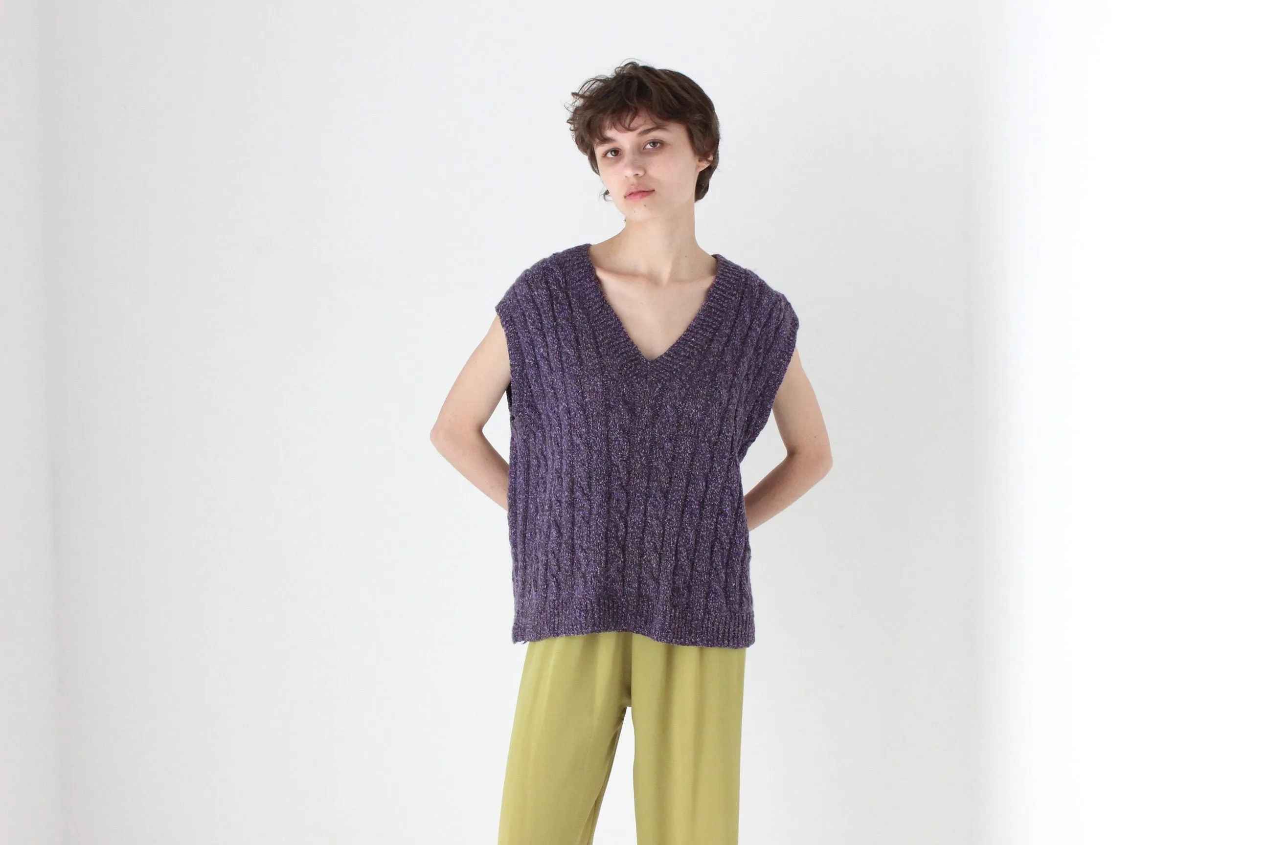 80s Hand Knit Speckled Purple Loose V Neck Sweater Vest