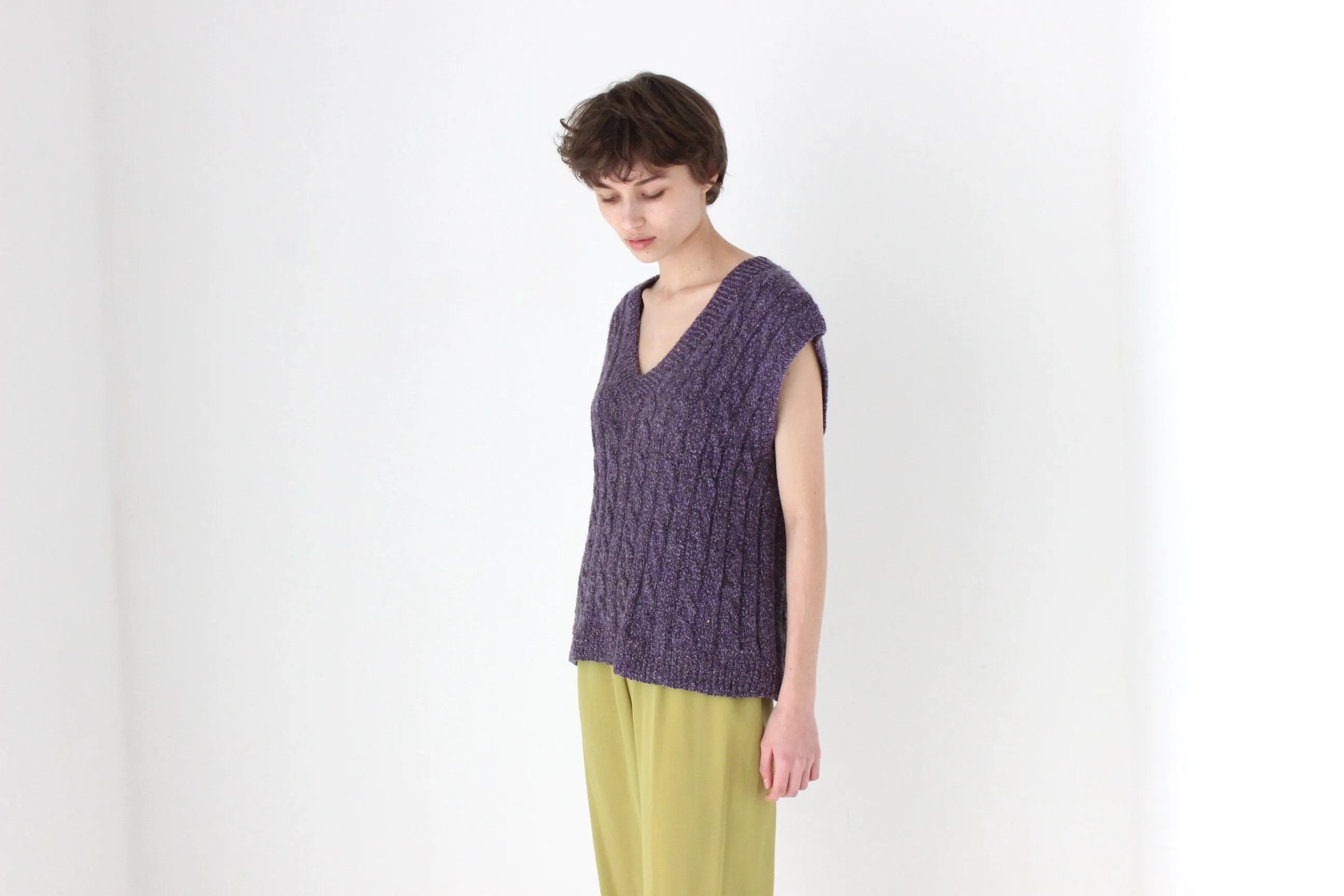 80s Hand Knit Speckled Purple Loose V Neck Sweater Vest