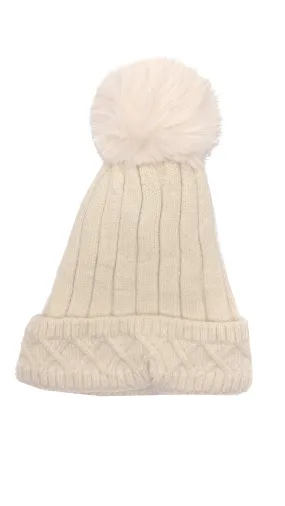 ACRYLIC PLAIN RIBBED WITH  CABLE TURN UP POM POM HAT AW23-RMD-54