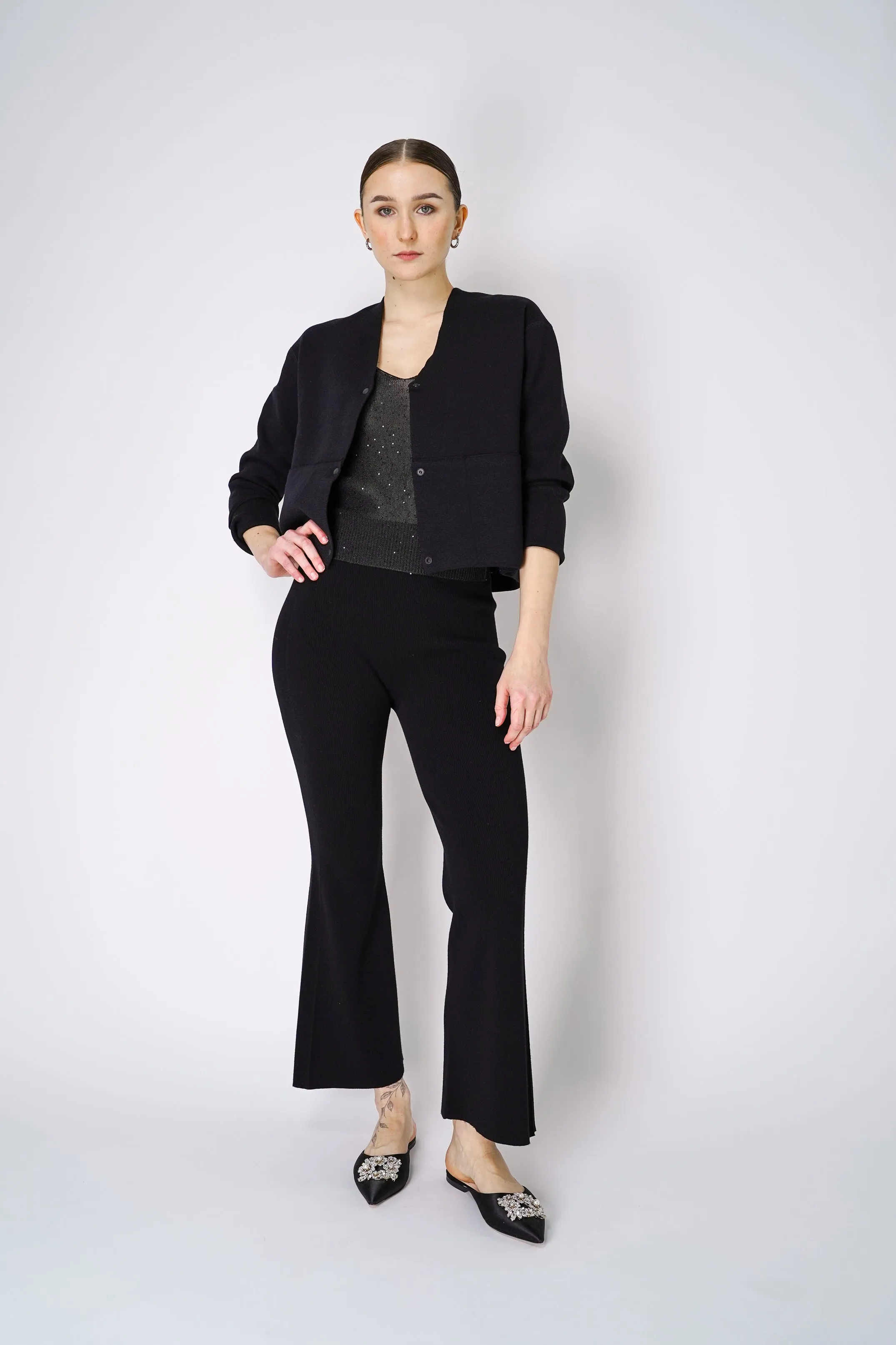 Annette Gortz Flared Ribbed Knit Pants in Black