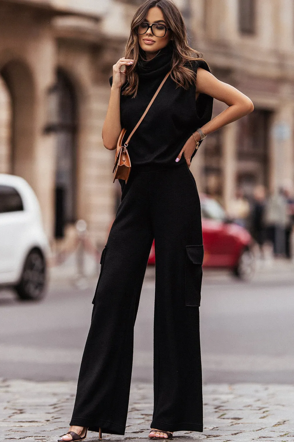 Black High Neck Sweater Vest and Cargo Pants Outfit