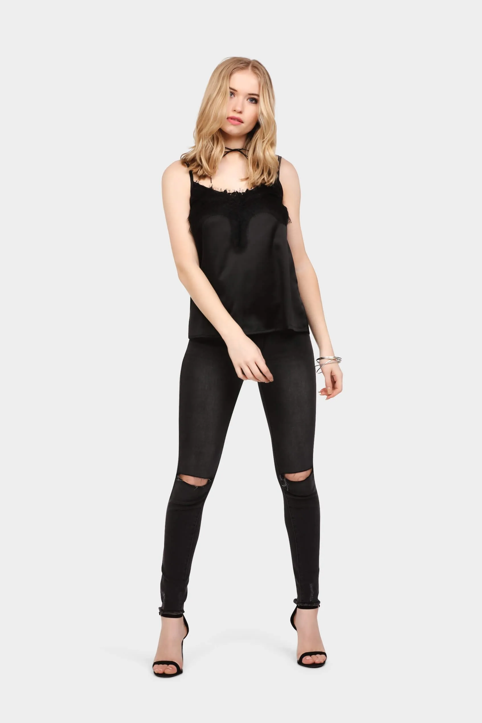 Black Satin Cami With Lace Trim