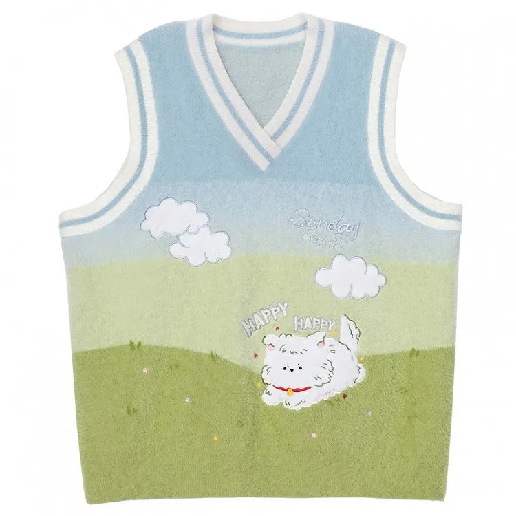 Blue & Green Gradient Puppy Pattern Knitted Vest