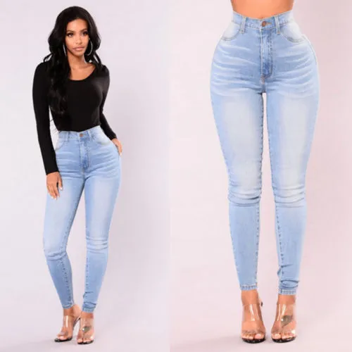 Blue High Waist Washed Bodycon Skinny Denim Pants