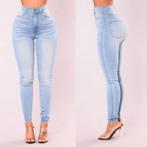 Blue High Waist Washed Bodycon Skinny Denim Pants