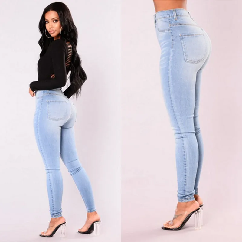 Blue High Waist Washed Bodycon Skinny Denim Pants
