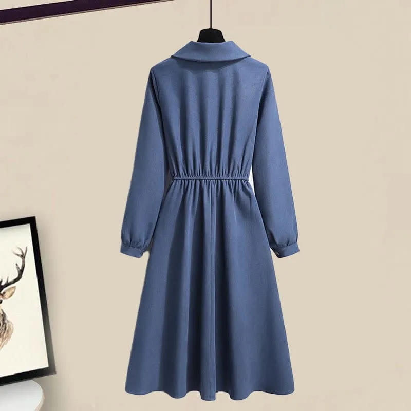 Blue Knit Sweater Bow Tie Lapel A-line Dress