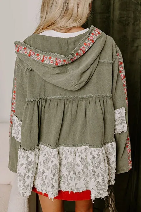 Bring The Wow Floral Embroidered Denim   Lace Tiered Hoodie (4 Colors)