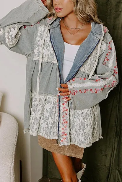 Bring The Wow Floral Embroidered Denim   Lace Tiered Hoodie (4 Colors)