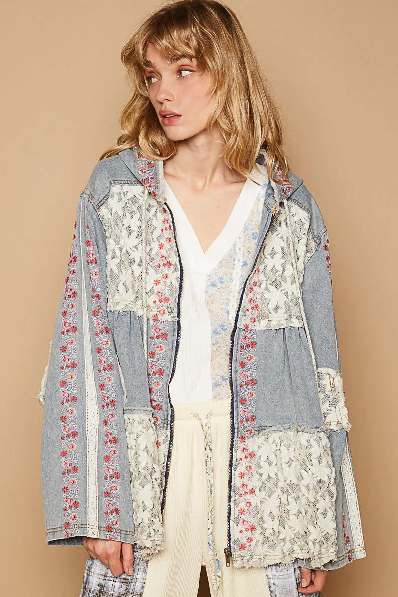 Bring The Wow Floral Embroidered Denim   Lace Tiered Hoodie (4 Colors)
