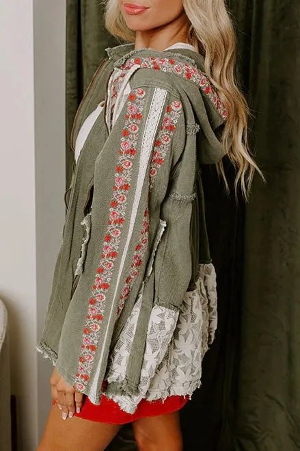 Bring The Wow Floral Embroidered Denim   Lace Tiered Hoodie (4 Colors)