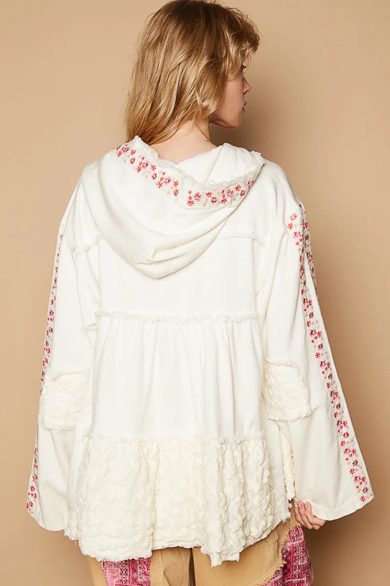 Bring The Wow Floral Embroidered Denim   Lace Tiered Hoodie (4 Colors)