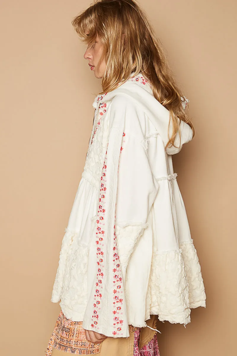 Bring The Wow Floral Embroidered Denim   Lace Tiered Hoodie (4 Colors)