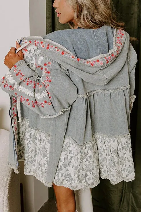 Bring The Wow Floral Embroidered Denim   Lace Tiered Hoodie (4 Colors)