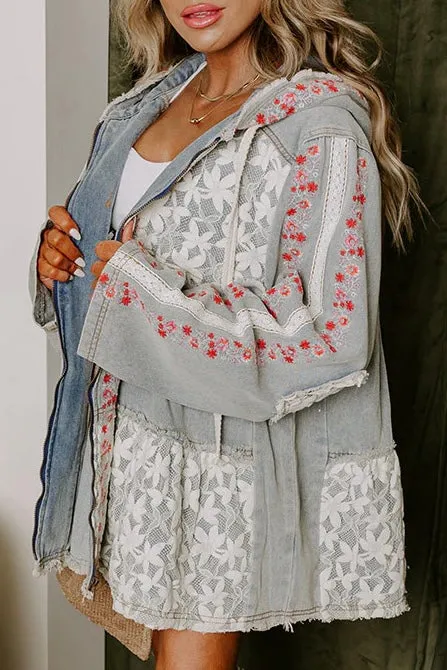 Bring The Wow Floral Embroidered Denim   Lace Tiered Hoodie (4 Colors)