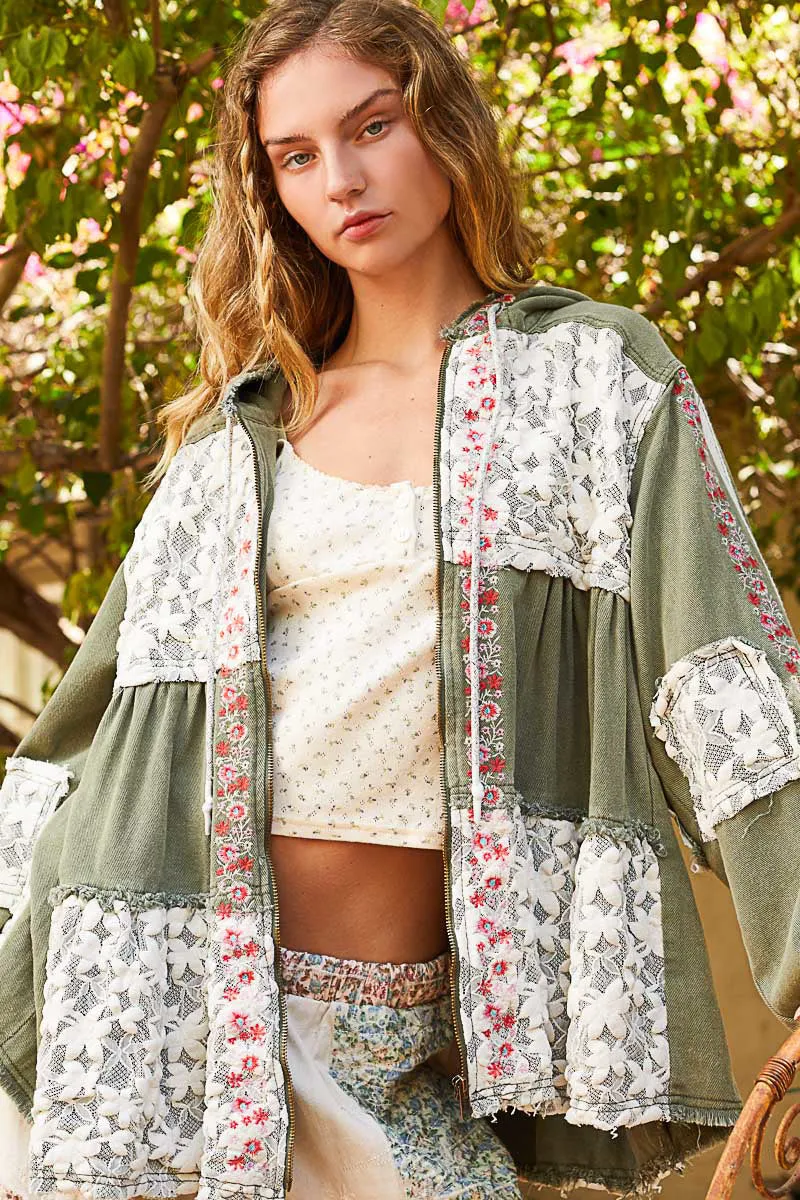 Bring The Wow Floral Embroidered Denim   Lace Tiered Hoodie (4 Colors)