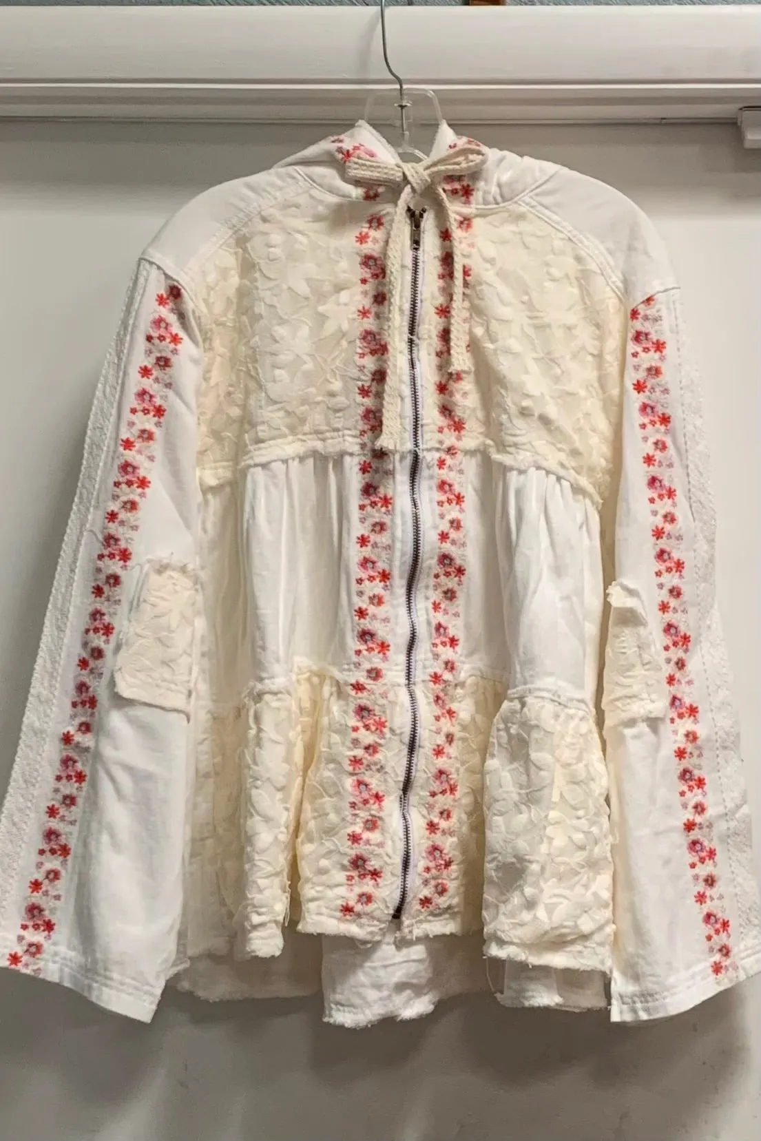 Bring The Wow Floral Embroidered Denim   Lace Tiered Hoodie (4 Colors)