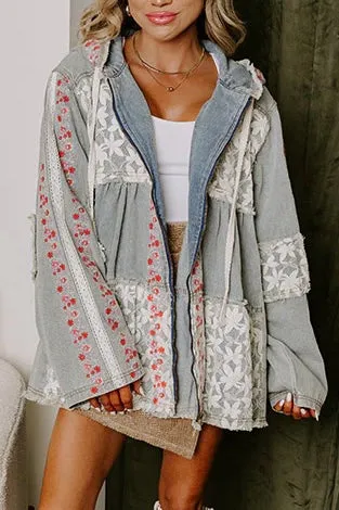 Bring The Wow Floral Embroidered Denim   Lace Tiered Hoodie (4 Colors)