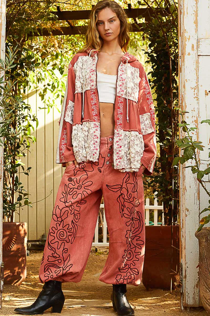 Bring The Wow Floral Embroidered Denim   Lace Tiered Hoodie (4 Colors)
