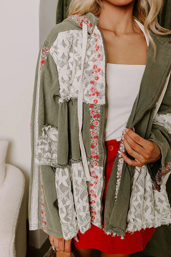 Bring The Wow Floral Embroidered Denim   Lace Tiered Hoodie (4 Colors)