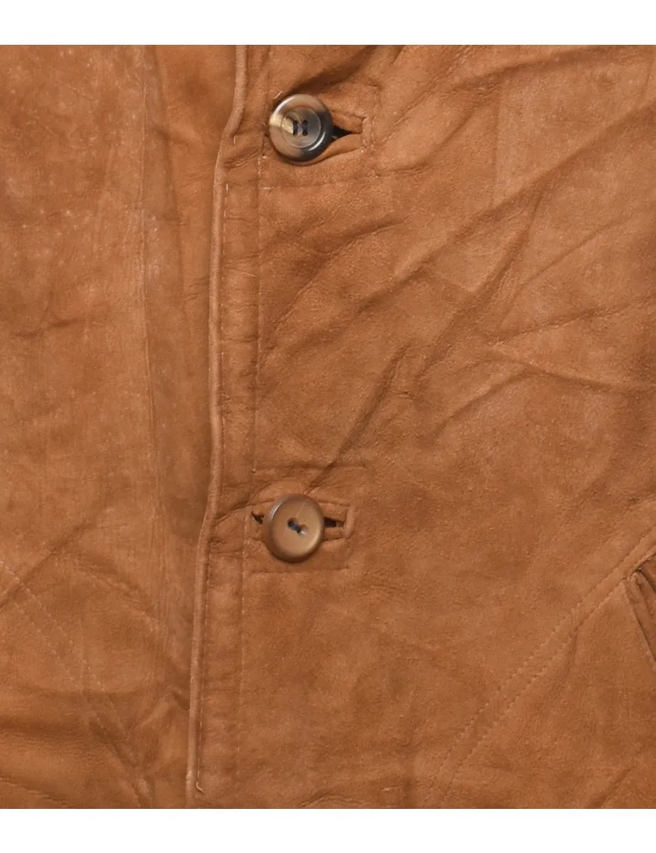 Button Front Brown Suede Shearling Lined Jacket - L
