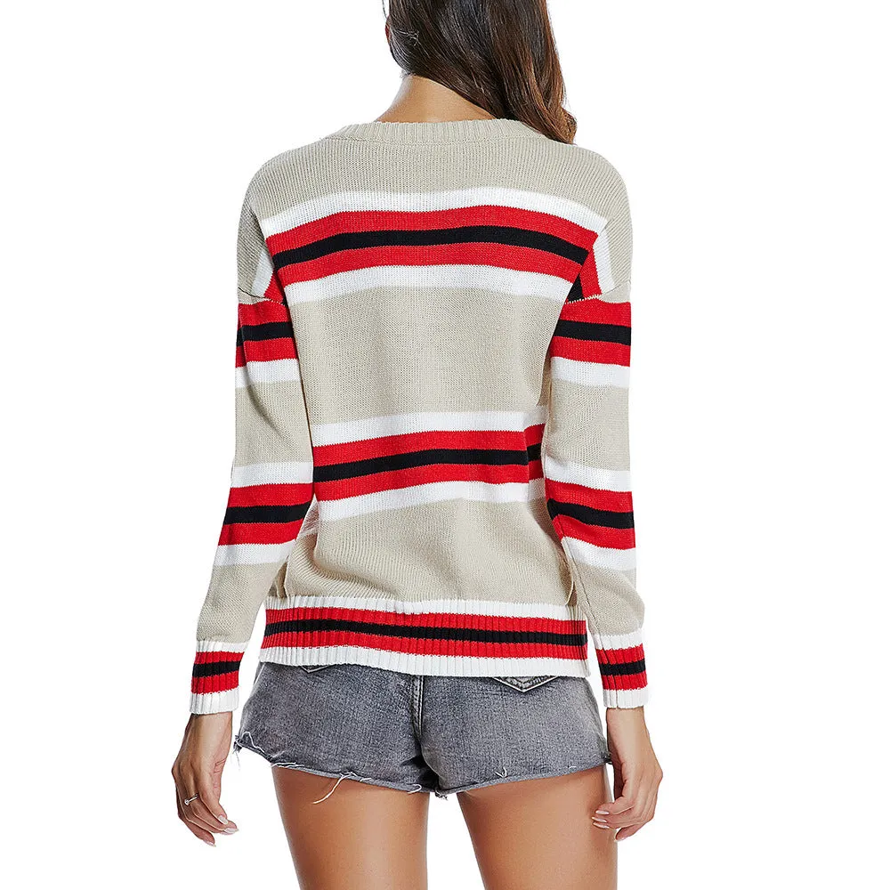 Crew Neck Stripes Women Casual Pullover Sweater