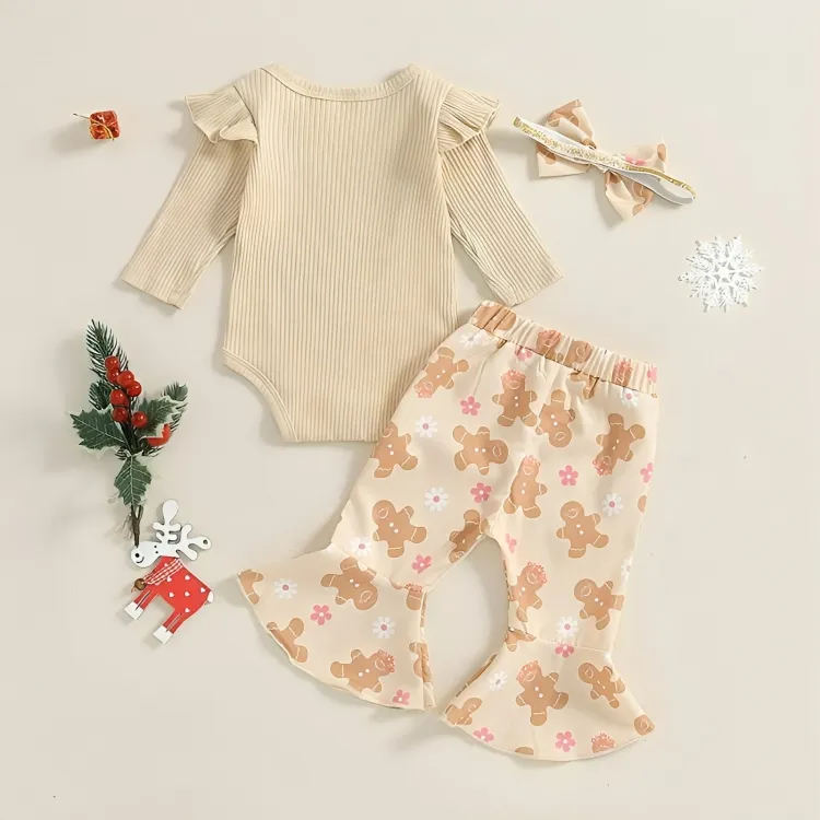 Cute Gingerbread Print Flare Pants Set
