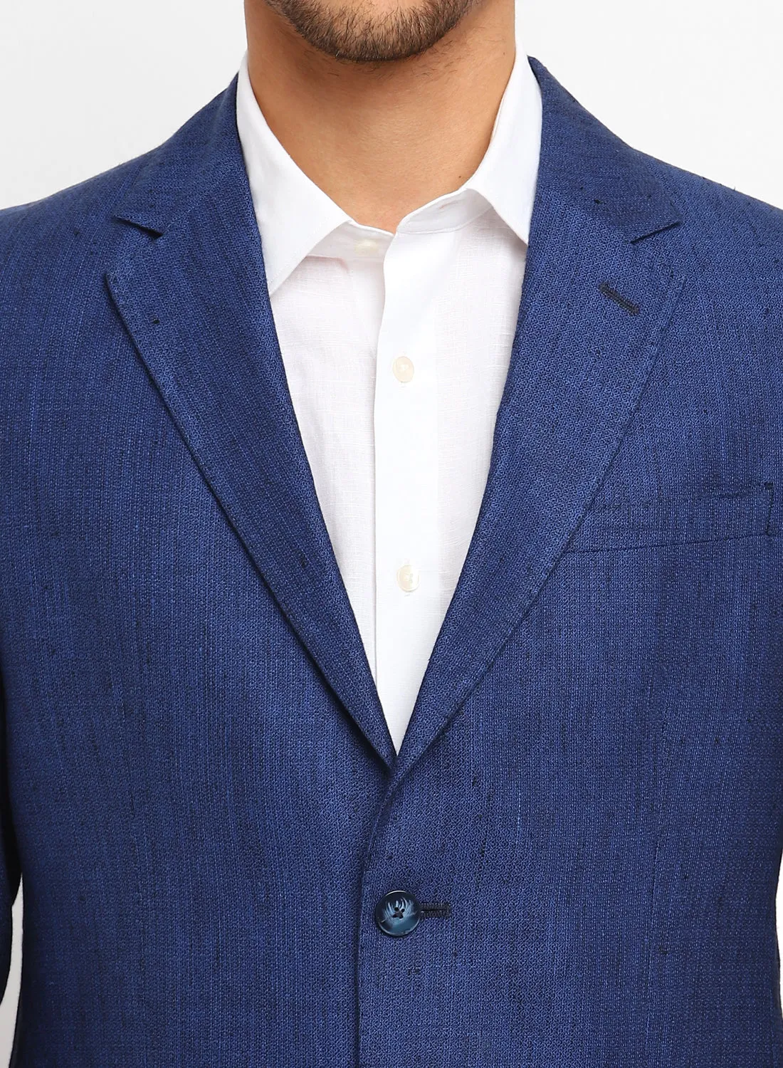 Dark Blue Linen Notch Collar Jacket