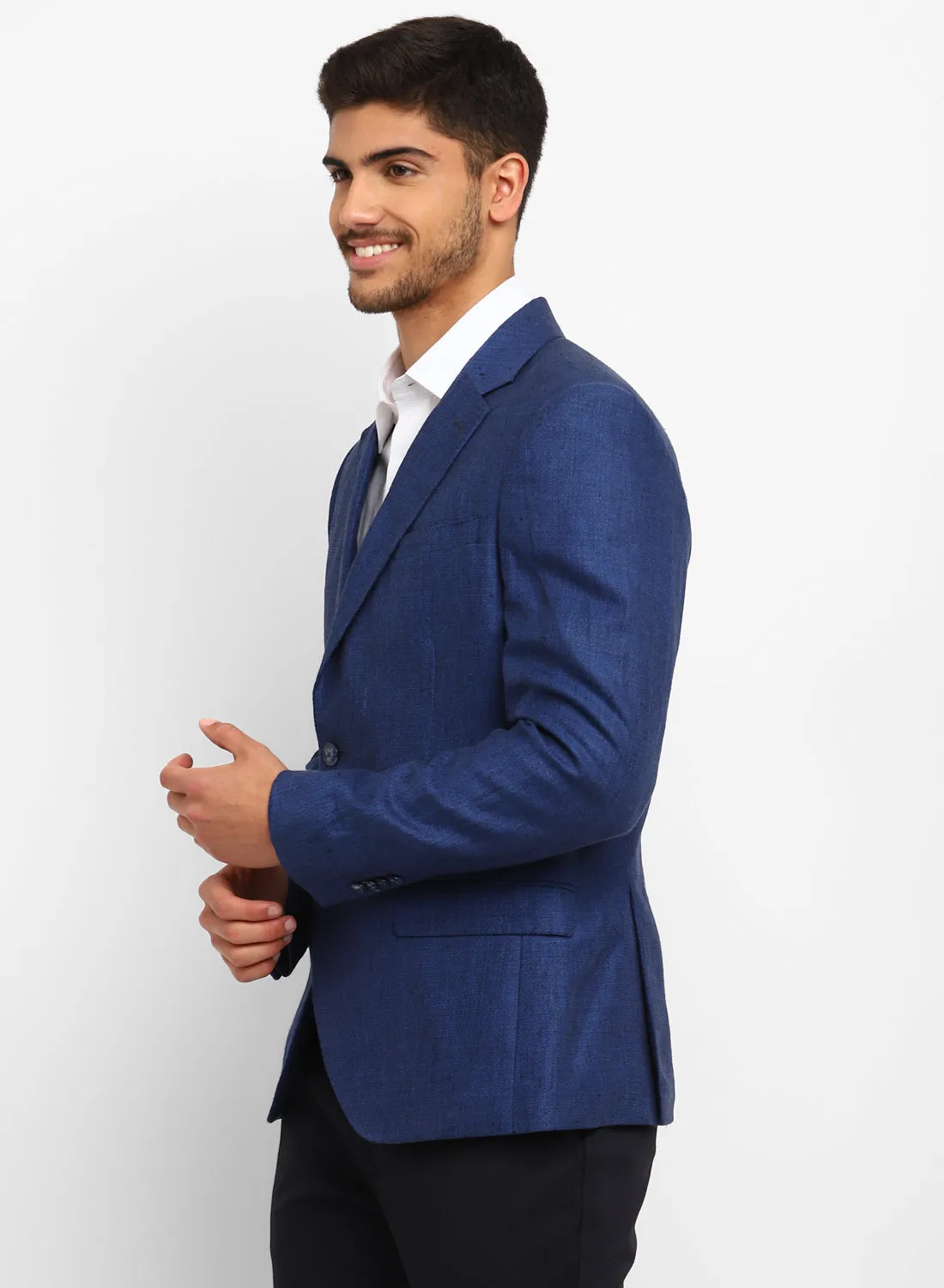 Dark Blue Linen Notch Collar Jacket