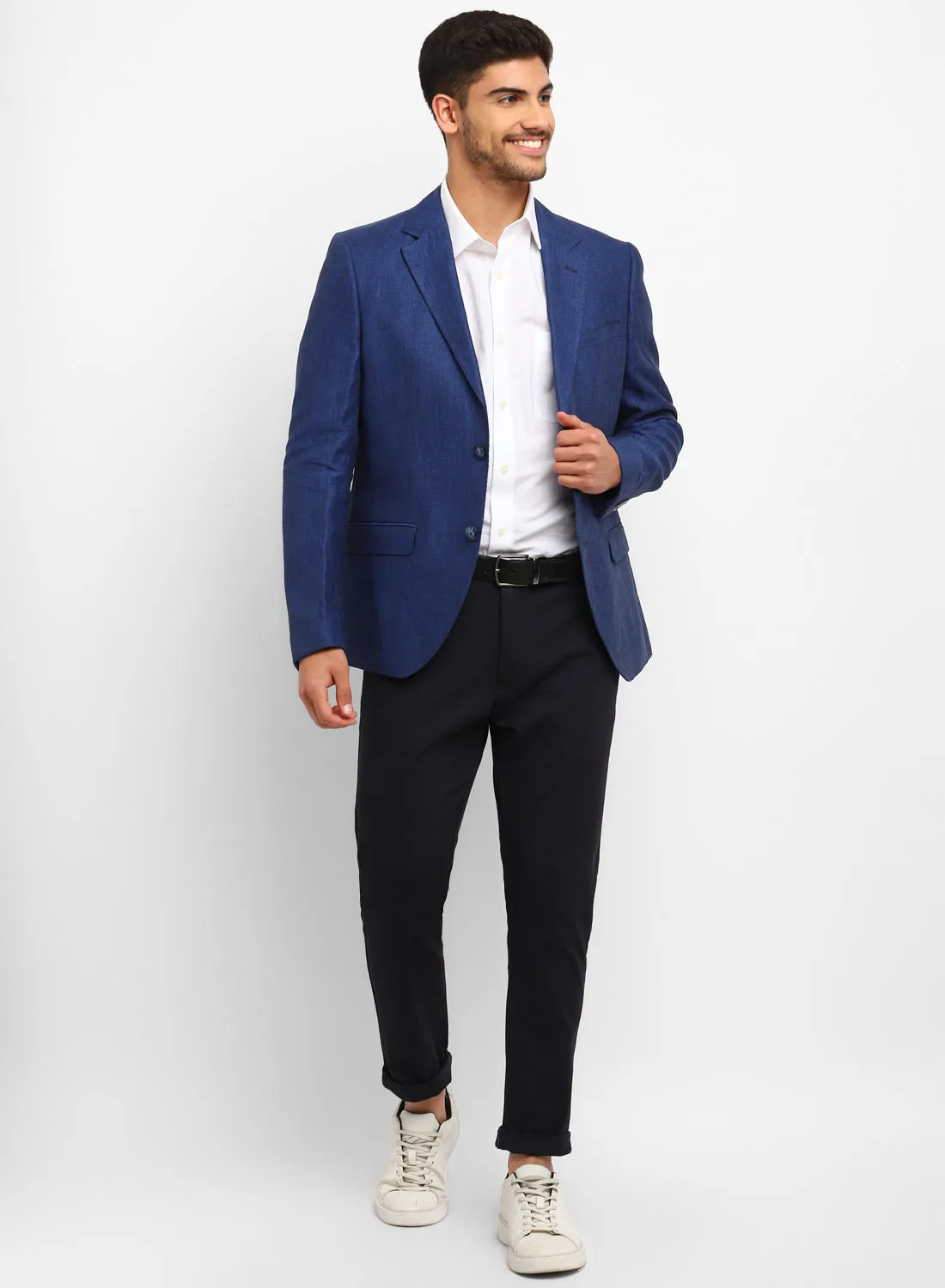 Dark Blue Linen Notch Collar Jacket