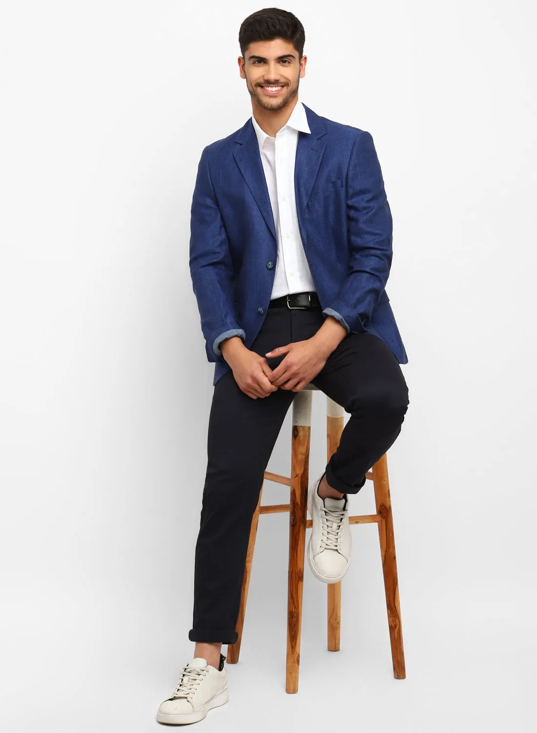 Dark Blue Linen Notch Collar Jacket