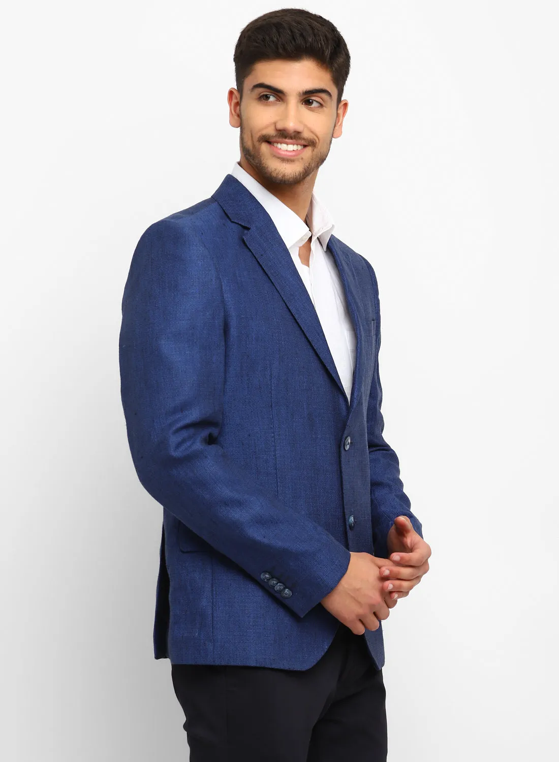 Dark Blue Linen Notch Collar Jacket
