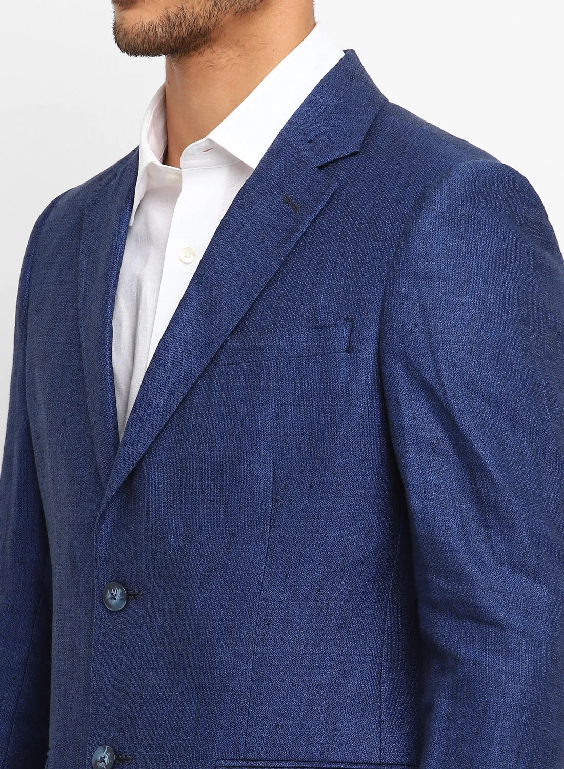 Dark Blue Linen Notch Collar Jacket