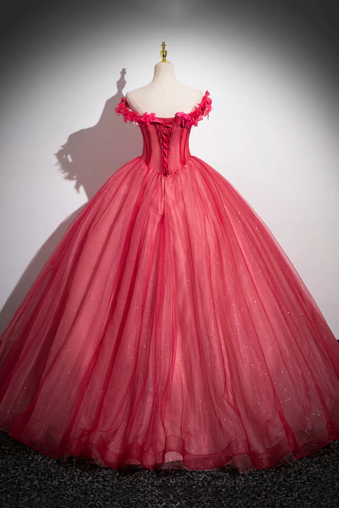 Dark Red Beading Prom Dress with Corset, Off the Shoulder Short Sleeve Floor-Length Party Dress