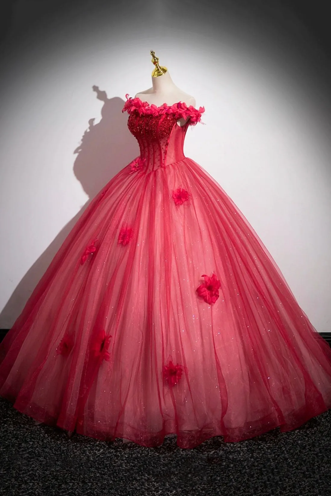 Dark Red Beading Prom Dress with Corset, Off the Shoulder Short Sleeve Floor-Length Party Dress