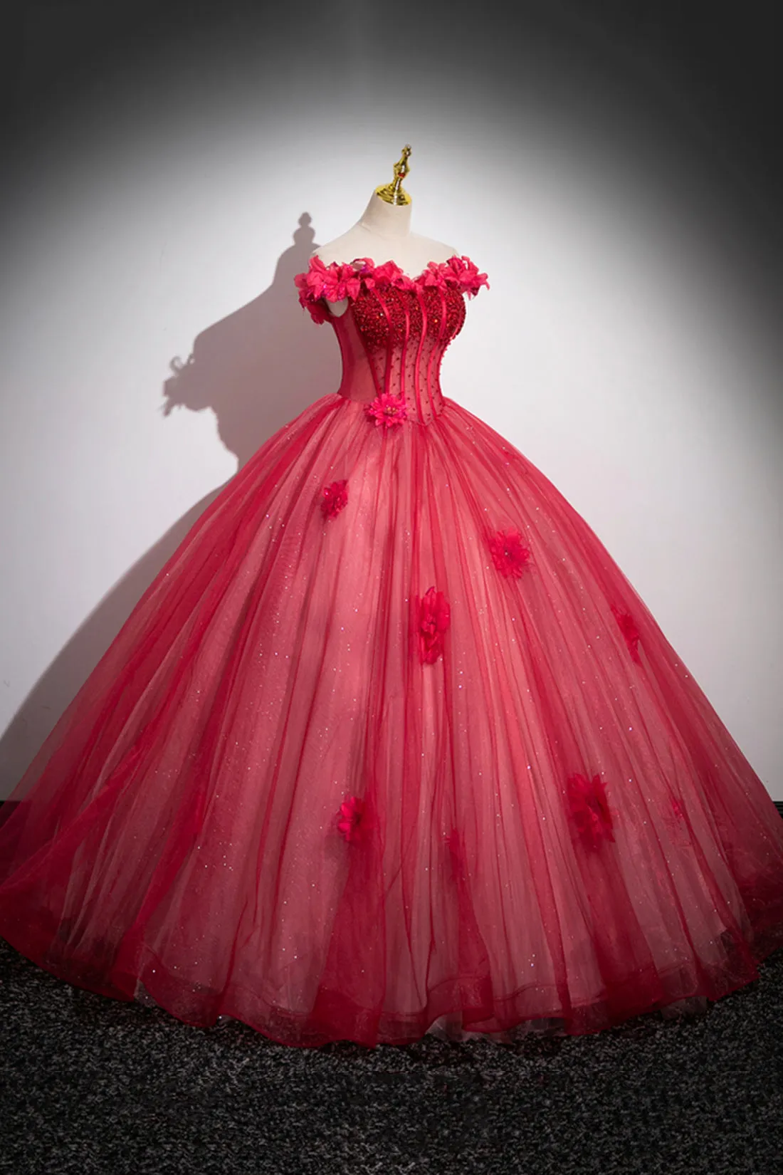 Dark Red Beading Prom Dress with Corset, Off the Shoulder Short Sleeve Floor-Length Party Dress
