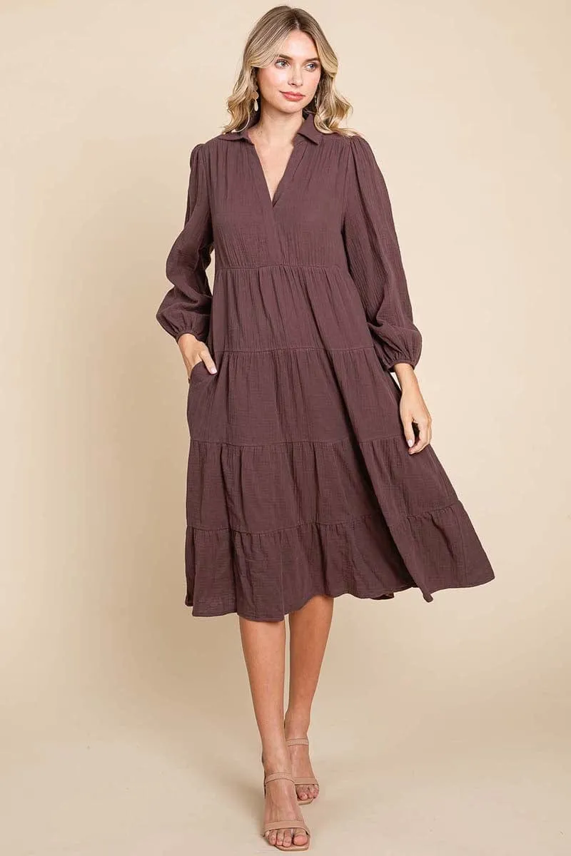 Double Gauze Layered Cotton Midi Shirt Dress