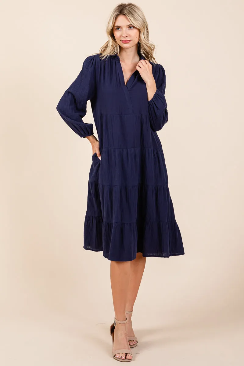 Double Gauze Layered Cotton Midi Shirt Dress