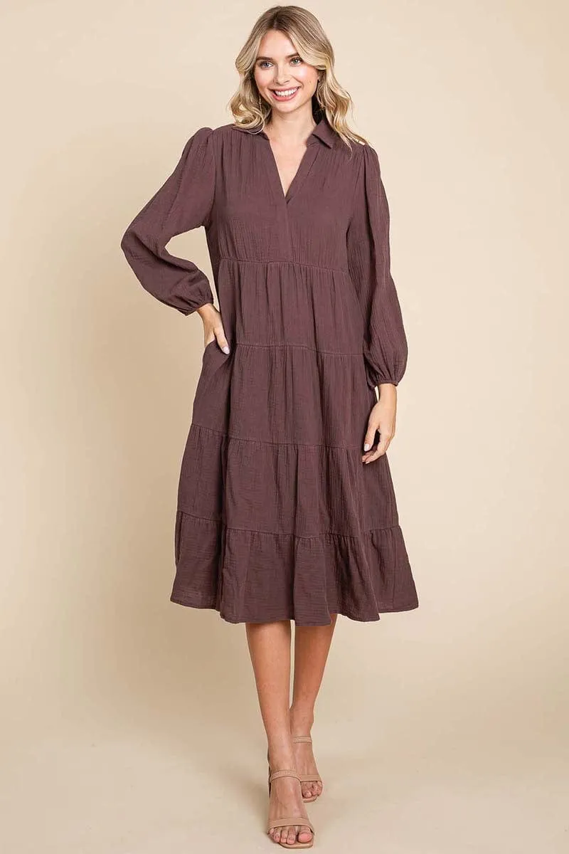 Double Gauze Layered Cotton Midi Shirt Dress