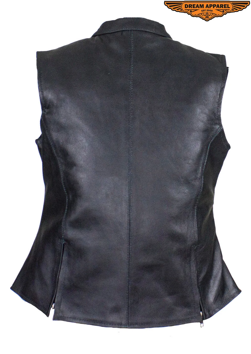 Dream Apparel Womens Leather Motorcycle Vest With Two Concealed Carry Pockets & Zippered Lower Back
