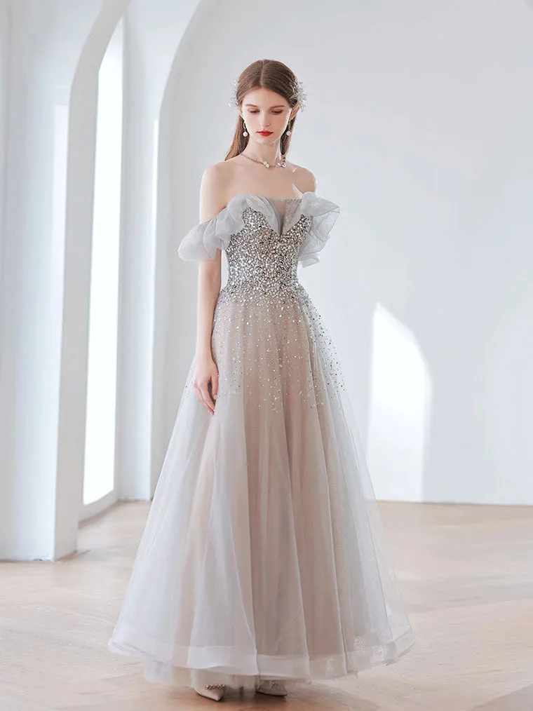 Elegant Gray Tulle Sequin Long Prom Dress, Gray Tulle Evening Dresses