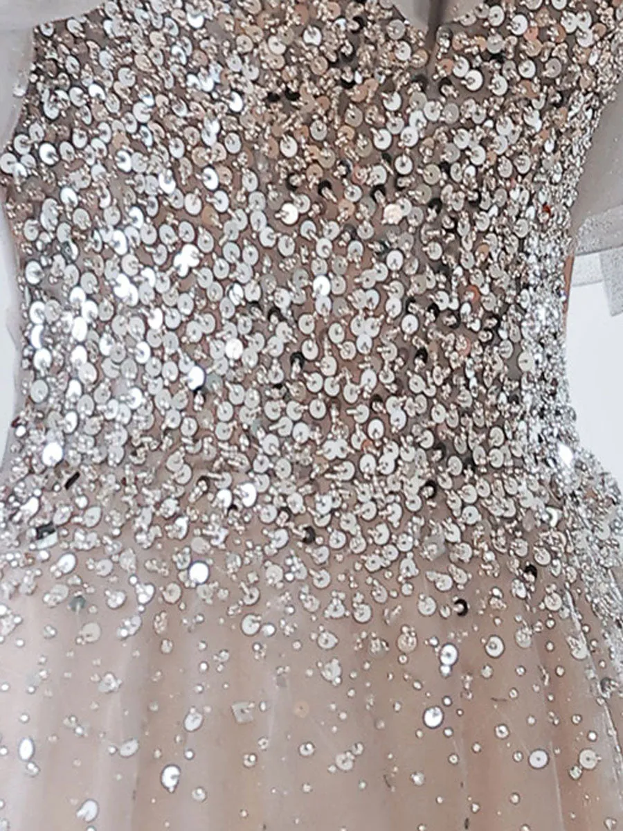 Elegant Gray Tulle Sequin Long Prom Dress, Gray Tulle Evening Dresses