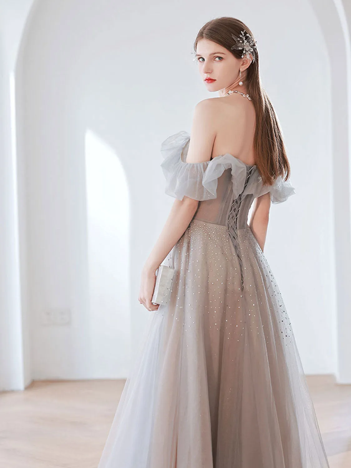 Elegant Gray Tulle Sequin Long Prom Dress, Gray Tulle Evening Dresses