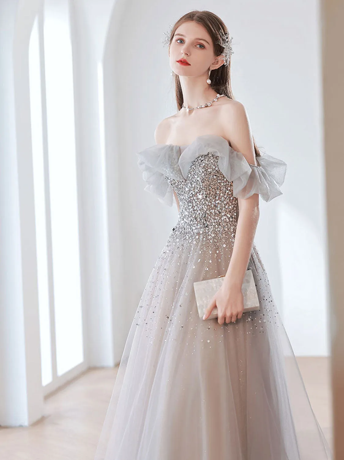 Elegant Gray Tulle Sequin Long Prom Dress, Gray Tulle Evening Dresses