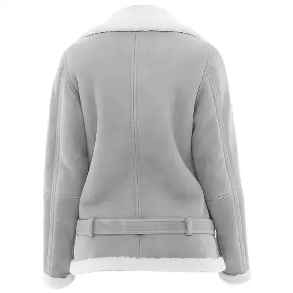 Elegant Women's Grey Suede Shearling Jacket - Chic & Warm